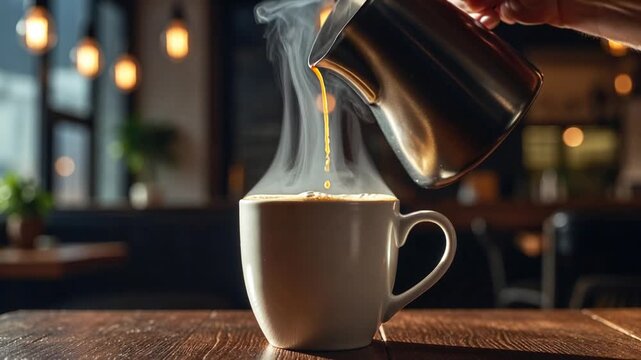 Coffee cup cafe hot drink steam morning mug pour aroma steaming coffee on wooden table cozy cafe interior warm light glow fresh brew aromatic steam soft light relaxing mood inviting breakfast break