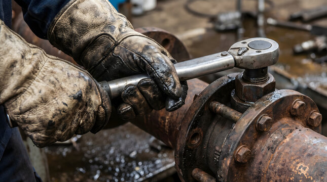 Close-up of a worker's gloved hands using a torque wrench to tighten a rusty industrial pipe flange.