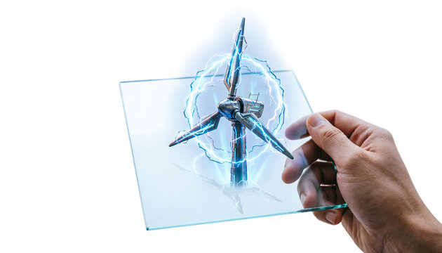 Hand holding an ultra-thin glass tablet projecting a 3D holographic lightning protection system for turbines.