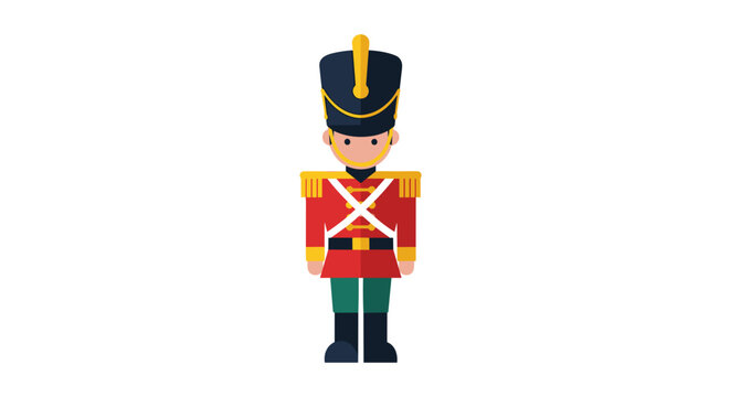 Illustration of a classic Christmas toy soldier in vibrant red uniform with a tall black hat and gold accents, set against a clean white background, evoking festive