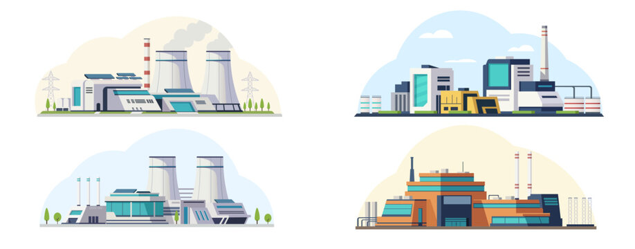 Modern factory set shown in flat graphic style on simple backgrounds, concept of industrial facilities. Vector illustration