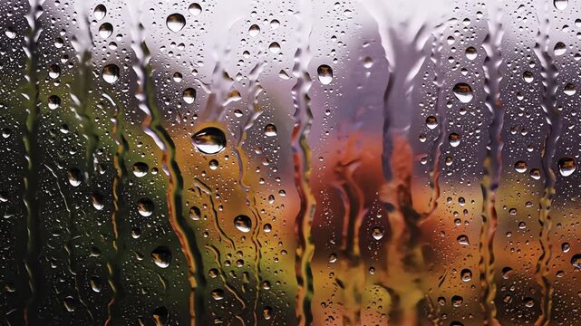 Close-up macro view of raindrops clinging to a window pane, distorting the colorful autumn foliage and trees visible in the blurred background, creating a moody and atmospheric scene