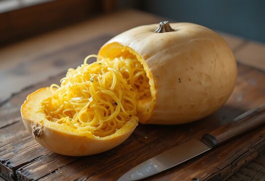 A close up view of a halved spaghetti squash sitting on a rustic wooden board in the kitchen