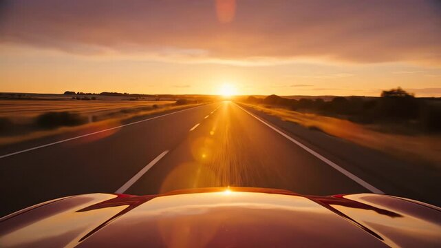 View from a car driving on an open highway towards a vibrant sunset, with lens flare and warm, golden light creating a sense of journey and freedom