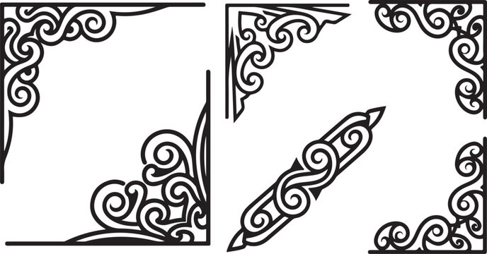 Ornate border elements, black floral designs, vector frame corners, swirling patterns