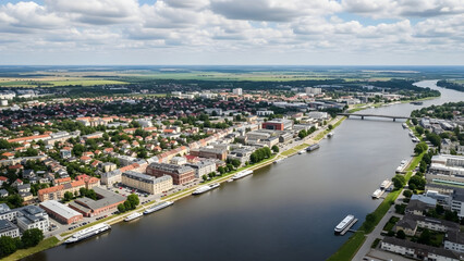 Obraz premium Aerial view of a serene river flowing through a densely populated urban landscape with buildings and trees under a cloudy sky
