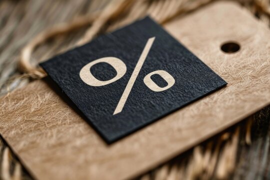 Close up of a zero percent symbol on a black price tag, suggesting a full discount or special offer