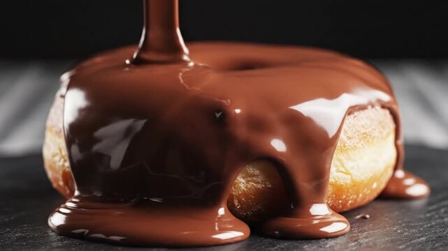 Rich Chocolate Ganache Pouring over a Fresh Glazed Donut