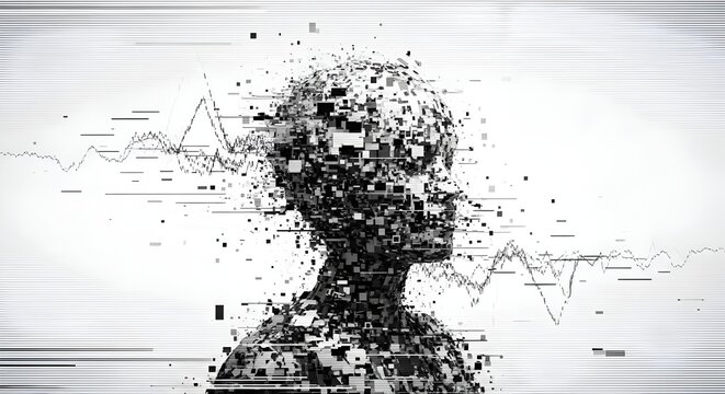 Digital Human Head Exploding into Pixels, AI Concept, Glitch Effect, Data Stream Background