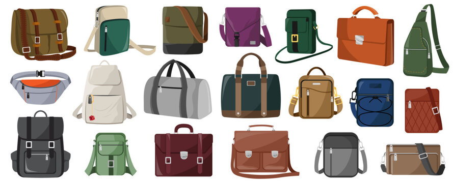 Various mens bags set shown in simple graphic style on white background representing accessories concept. Vector illustration