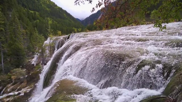 A stunning wide-angle view of the Pearl Shoal Waterfall (Zhenzhu Tan), showing powerful white water cascading over a broad, mossy calcified cliff into a deep forested valley under a misty sky.