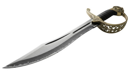 Naklejka premium Elegant sword with intricate gold hilt and scratched blade design