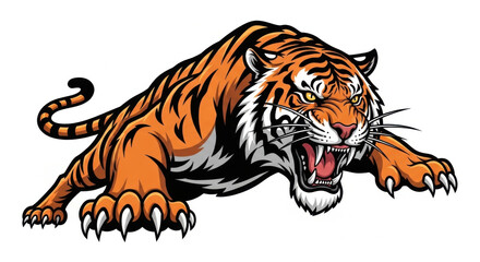 Obraz premium Angry tiger with sharp claws and teeth attacking fierce expression orange and black stripes white background