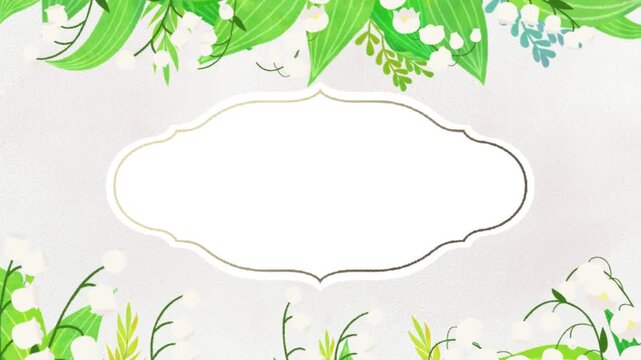 Elegant floral border with green leaves and white flowers on textured background with gold frame