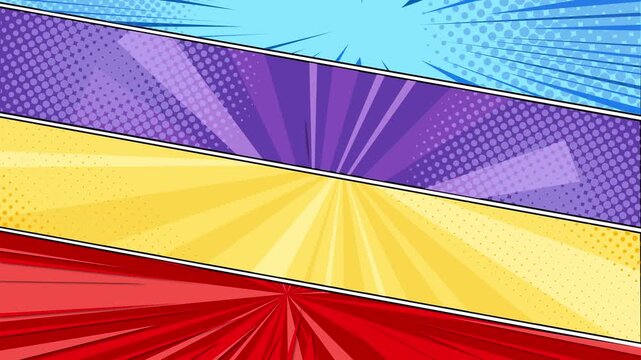 Comic book background animation featuring dynamic pop art panels and colorful sunburst zoom effect.