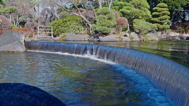 A serene landscape shot of a curved water weir in Heisei Teien Garden. The flowing water creates a smooth curtain, surrounded by manicured pine trees and traditional stone elements under clear dayligh