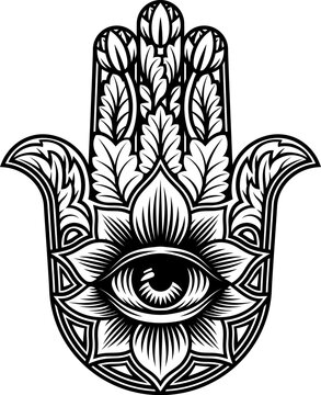 Hamsa, khamsa, khmisa, kef Miryam or hand of fatima with all seeing eye evil eye protection amulet design. Black and white vintage woodcut etching or engraving style spiritual protection symbol.