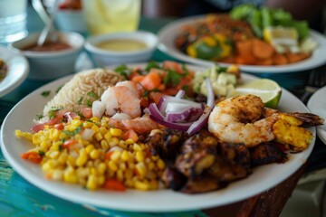 Fototapeta premium Close up of a vibrant mixed seafood plate featuring grilled shrimps, rice, corn, fresh vegetables, and lime, served in a restaurant setting