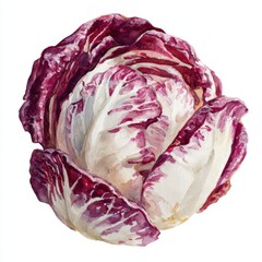 Fototapeta premium Radicchio Vegetable Close Up Detailed Watercolor Painting With White Background And Purple Red Leaves