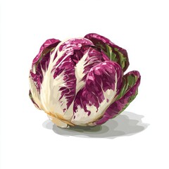 Fototapeta premium Radicchio Vegetable With Purple Red Leaves and White Stem Tied with Rubber Band Isolated on White Background Studio Shot