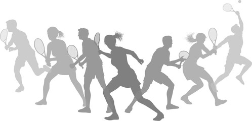 Obraz premium Silhouette Tennis players set. Active sports people healthy players fitness silhouettes concept.