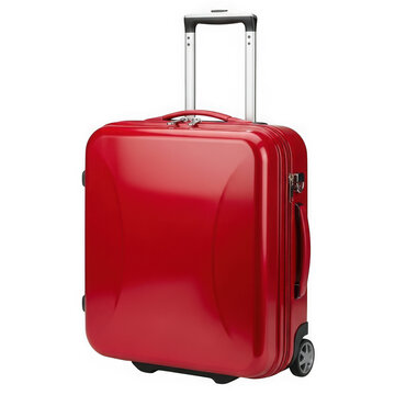 Red rolling suitcase on smooth surface with wheels isolated on transparent background