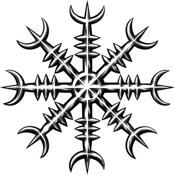 Helm of awe aegishjalmur rune, ancient Norse Icelandic magical protection runic symbol. Woodcut etching vintage linework style.