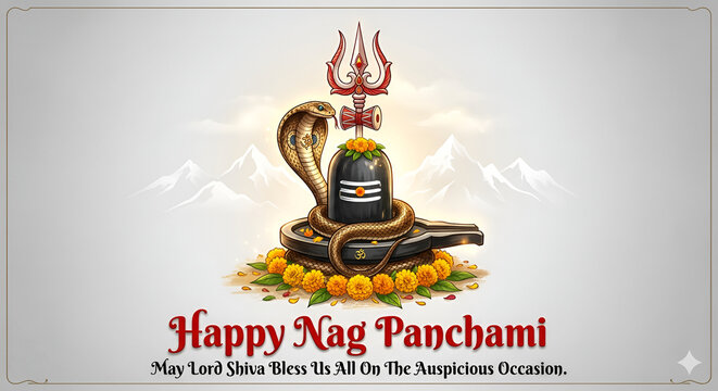 Nag Panchami Greeting with Shiva Lingam and Cobra Snake 