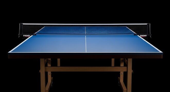 A blue ping pong table with a net against a black background