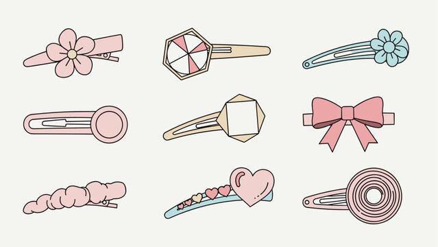 Selection of decorative hair clips for girls featuring flowers bows hearts and geometric shapes in soft pastel colors for hair styling.
