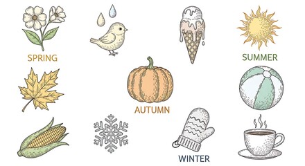 Fototapeta premium Seasonal vector illustration of spring, summer, autumn, and winter with symbolic graphics