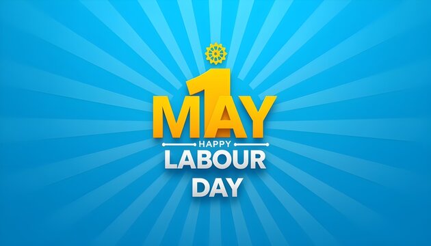 1 may happy labour day greeting card design with yellow 3d typography and gear icon on blue sunburst background