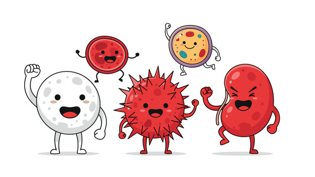 Set of fun cartoon characters representing human blood cells and a kidney depicted in happy and strong poses.