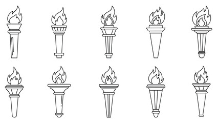 Fototapeta premium Variety of olympic style torch illustrations with burning flames shown in a simple black and white line art style.