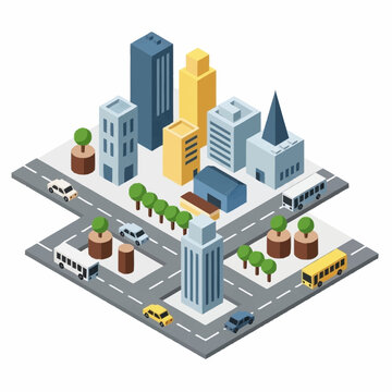Isometric cityscape with buildings and streets.