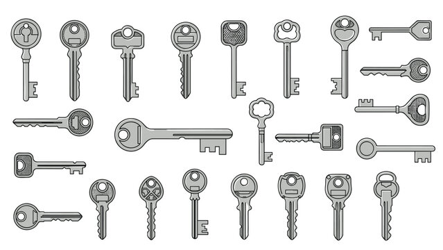 Extensive collection of various metal key designs from old fashioned skeleton keys to modern security keys.