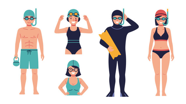 Group of diverse characters wearing different swimming and diving equipment such as goggles, swimsuits, and flippers.