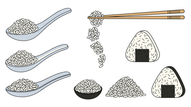 Comprehensive collection of rice themed illustrations including bowls, spoons, chopsticks, onigiri rice balls, and rice piles.