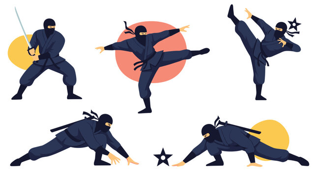 Dynamic set of five ninja characters in various martial arts action poses including stealthy crouching and high kicks.