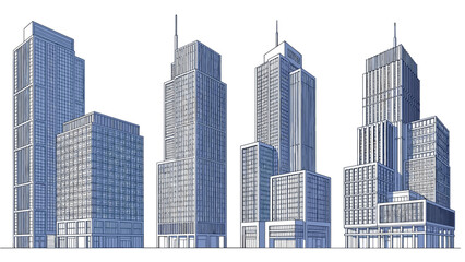 Fototapeta premium Group of modern skyscraper sketches with tall glass facades and antennas representing a busy city business district or urban skyline design.