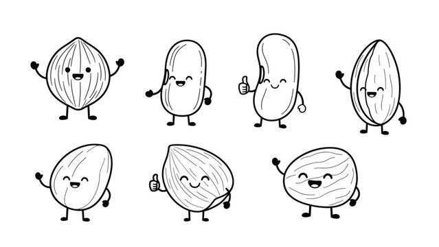 Set of various nut and bean characters with cute faces performing different actions and gestures in a simple black and white line art style.