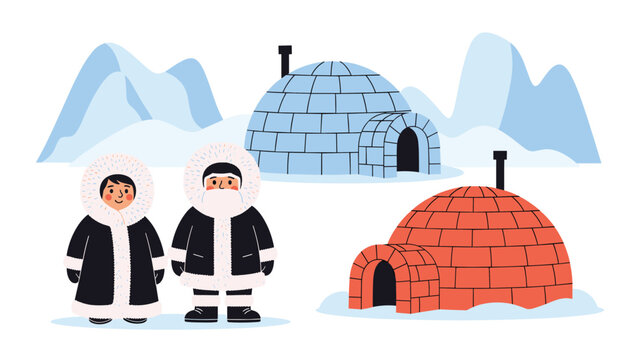 Illustration of Inuit people in traditional winter clothing standing near igloos in a vast snowy mountain landscape under a bright white sky.