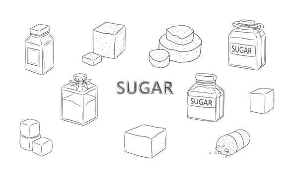 Hand drawn sugar cubes and jars with sugar text bottles food