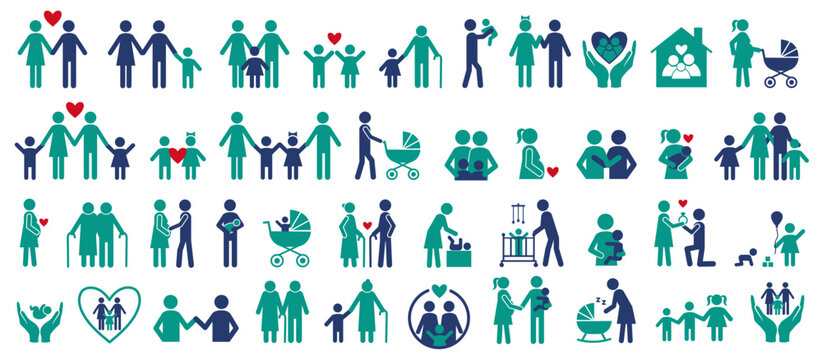 Various family icon set in simple graphic style on white background concept of unity and care Vector illustration