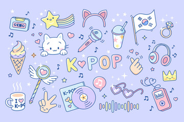 Naklejka premium K-pop elements. Colorful stickers korean pop culture style. Funny kitten, ice cream, music disk, headphones. Trendy icons for diary, planners, tidy vector set