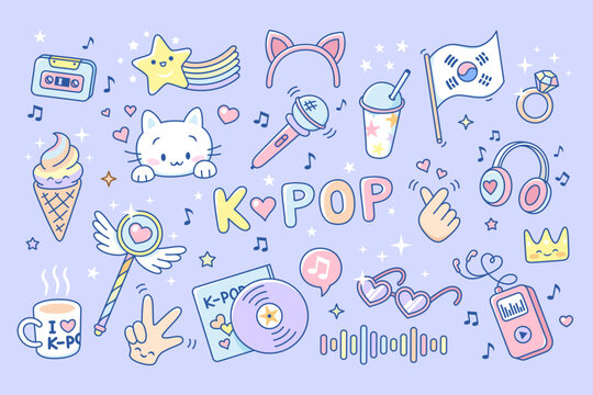 K-pop elements. Colorful stickers korean pop culture style. Funny kitten, ice cream, music disk, headphones. Trendy icons for diary, planners, tidy vector set