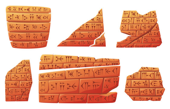 Ancient cuneiform. Sumerian writing on stone plates, assyrian or akkadian scripts. Old mesopotamia letters on tablets, cartoon historical nowaday vector set