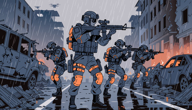 A group of soldiers in tactical gear advancing down a war-torn city street with destroyed vehicles and buildings.