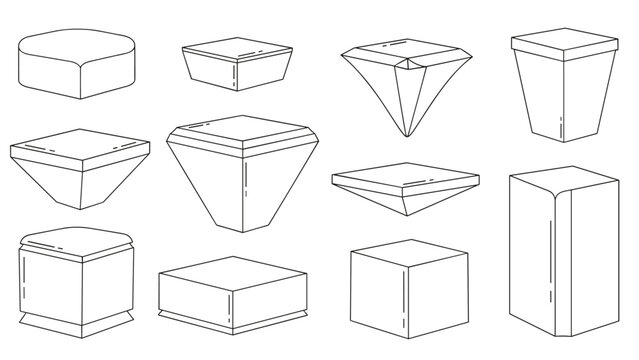 Geometric 3D shape diagrams in isometric perspective featuring technical line art of various cubes and containers for study.