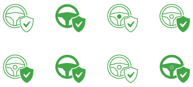 Driver safety icons set collection showcasing safe driving symbols, hazard alerts, road sign graphics, vehicle control indicators, traffic awareness concept, clean scalable vector illustrations